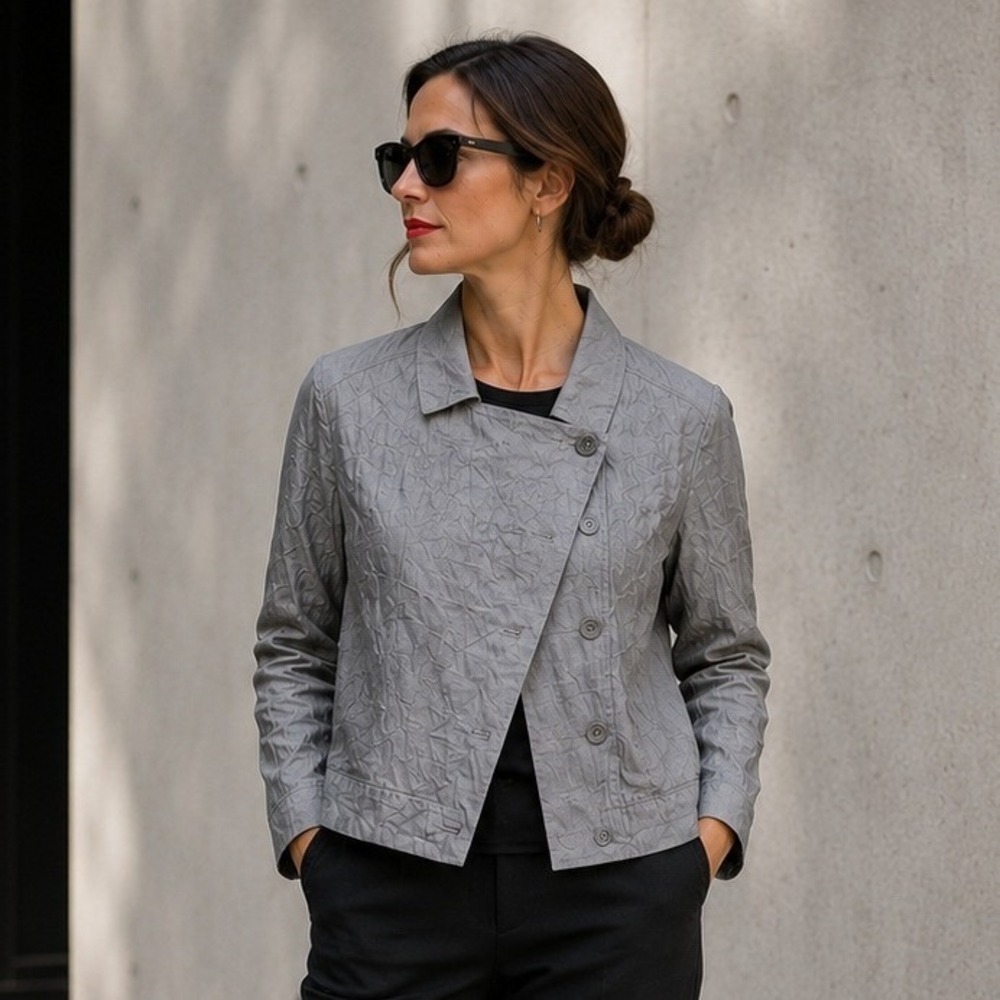Eileen Fisher Womens Crinkle Moto Jacket S Gray Asymmetric Modern Lightweight